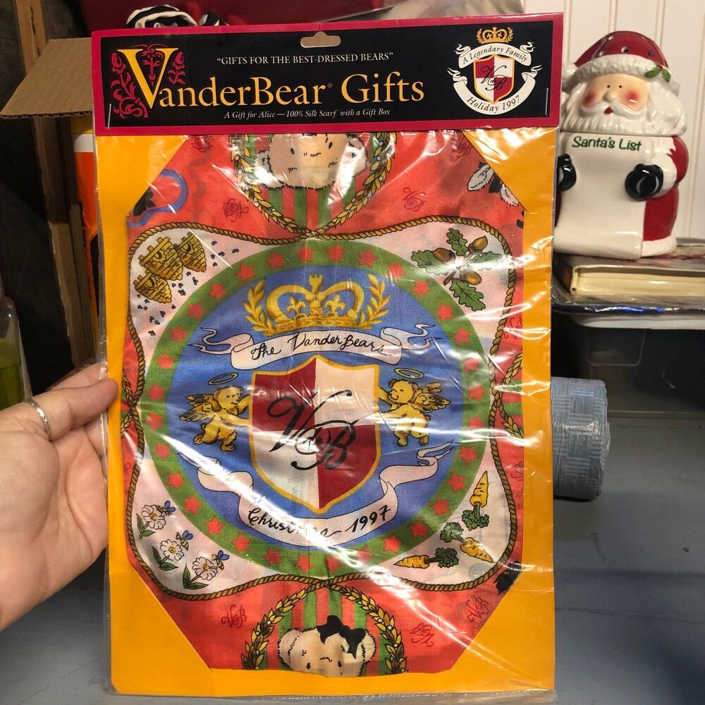 NEW Vintage VanderBear Gifts 100% Silk Scarf, Christmas 1997, A Gift for Alice
